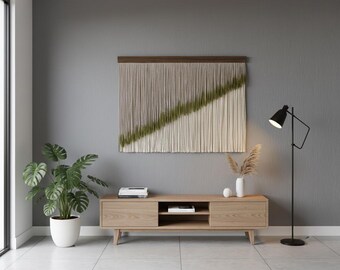 Olivgrüne moderne Faser Wandkunst, Großer grüner Makramee Wandteppich, Modernes Design Dip Dye Makramee Wandbehang, Mid Century gewebte Wandkunst,