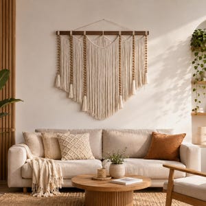 Puede incluir: Un tapiz de macramé grande hecho con cuerda de algodón color hueso, una barra de soporte horizontal de madera oscura y hebras verticales de pequeñas cuentas de madera. El diseño incluye varias secciones superpuestas de flecos y borlas.