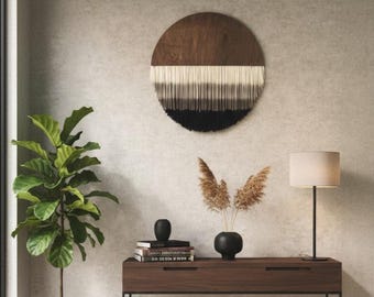 Schwarz Dip Dyed Kreis Makramee Wandbehang, schwarze Makramee Wandkunst auf Holz, personalisierte Baumwolle Halbmond Wandkunst, Kreis Wandbehang,