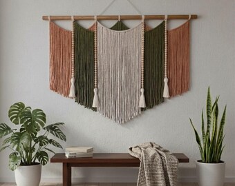 Extra große erdfarbene Faserkunst, handgefertigte Makramee-Wanddekoration aus Baumwolle, Eingangsbereich, Statement-Wandbehang Boho, schicker textiler Wandteppich für Innen