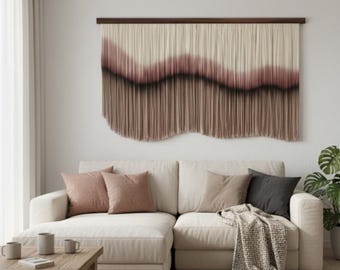 Große kirsch- und braunfarbene Makramee-Wandplatte, Wandbehang im Wabi-Sabi-Stil, moderner Wandteppich aus Fasern, handgewebte Boho-Wandkunst