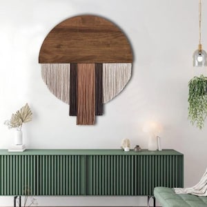 Brown Half Moon Macrame Wall Hanging, Mid Century Modern Wall Art, Circle Yarn Wall Hanging, Round Yarn Wall Art, Natural Half Moon Macrame