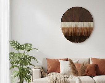 Chic Dip Dyed Circle Fibre Art, Mid Century Halbmond Makramee Wandteppich, Brauner Handgefertigter Makramee Wandbehang, Trendige Große Baumwoll Wandkunst