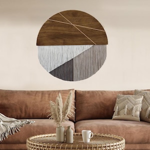 Half Moon Macrame Wall Hanging, Earth Tone Big And Round Fiber Wall Art, Walnut Wood Custom Yarn Wall Art,  Modern Cotton  Boho Wall Decor