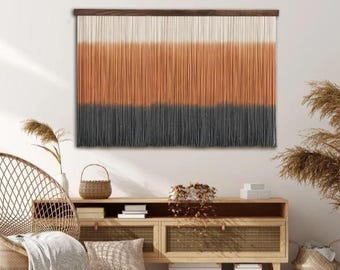 Moderne Übergröße Orange Und Schwarze Faser Wandbehang, Große Dip Dye Makramee Wandbehang, Handgemachte Gewebte Wandkunst, Zeitgenössische Tapisserie