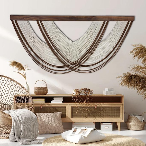 Tapeçaria de parede extragrande de fibra marrom, arte de parede grande em macramê estilo boho, tapeçaria de parede de fibra chique e surrada, tapeçaria de parede XXL feita à mão