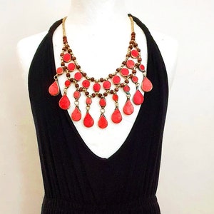 Antique Coral Stone Gold Beaded Statement Bib. Coral Bib Middle Eastern Bib Necklace. Coral Gold Bib Necklace Bib Eastern