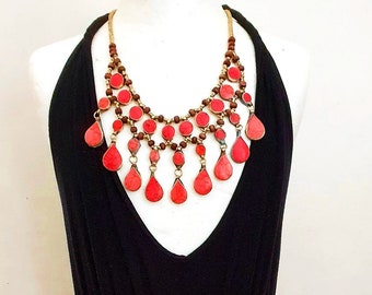 Antique Coral Stone Gold Beaded Statement Bib. Coral Bib Middle Eastern Bib Necklace. Coral Gold Bib Necklace Bib Eastern