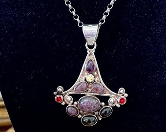 Egyptian Style Multi Gem Fan Pendant Sterling 925 Amulet Talisam Pendant. Multi Stone Silver 925 Amulet Rare Multigem Sterling Pendant 925