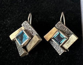 Gold & Sterling Silver Blue Topaz Rare Earrings. 14k Gold over Sterling Blue Topaz Dangle Drop Lock Back Israel Artisan Vintage Earrings 925