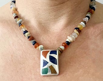 Inlaid 930 Sterling Silver Multi-Stone Beaded Necklace | Artisan Boho Statement Necklace | Lapis,Malachite,Turquoise,Coral | GlamRox Jewelry