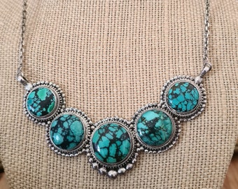 ON SALE Sensational Native American Navajo Spider Wed Turquoise Sterling Silver 925 Bib Necklace.Navajo Turquoise Sterling 925 Necklace Rare