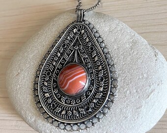 Antique Jerusalem Sterling Silver 925 Tangerine Agate Filigree Amulet Necklace.Filigree Israel Handwork Silver Agate Talisman Pendant Amulet