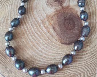 Gorgeous Genuine Peacock and Grey Pearl Sterling Silver Necklace. Pearl Necklace Tahitian Style Baroque Large Pearls
