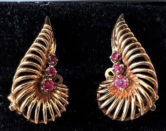 14k Gold Antique Nautilus Deep Pink Ruby Earrings.Antique 14k Gold Stunning Pink Rubies 585 Gold Earrings Antique 14K Ruby Nautilus