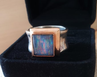 14k Rose Gold Black Opal Sterling Silver Israel Artisan Ring. Black Opal 14k Rose Gold Sterling Silver 925 Ring. Opal Ring Statement Ring