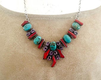 Coral, Turquoise, Amethyst Sterling Silver 925 Stunning Necklace. Amazing Artisan Amethyst, Coral, Turquoise Sterling Silver Bib Necklace