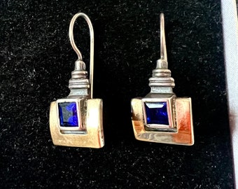 Gold and Sterling Silver Sapphire Rare Earrings. 14k Gold over Sterling Sapphire Dangle Drop Lock Back Israel Artisan Vintage Earrings 925