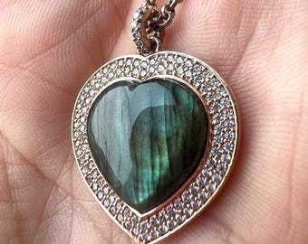 Diamond Labradorite Rose Gold Over Sterling Silver Heart Pendant Necklace.Diamond Labradorite Rose Gold Sterling 925 Heart Necklace Israel