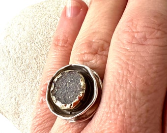Vintage Rose Quartz Druzy Ring, 14k Gold & Sterling Silver, Israel Artisan