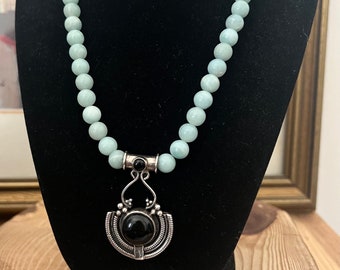 Aquamarine Sterling 925 Black Onyx Necklace GlamRox Artisan 925 Necklace. Onyx 925 Necklace. Aqua & Onyx 925. Onyx 925 Necklace Pendant 925