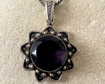 ON SALE Antiqued Style Sterling Silver Amethyst Floral Style Pendant 925. Amethyst Gemstone Sterling Silver 925 Pendant.Purple Amethyst 925