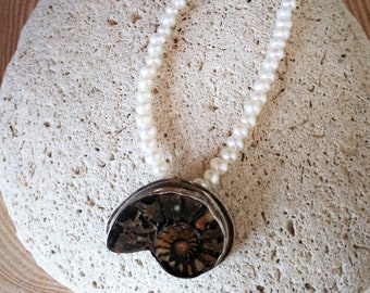 Ammonite Fossil Sterling Silver 925 Pearl Necklace.Ammonite Pendant Pearl Necklace 925.Ancient Ammonite Necklace 925 Pearl Fossil 92