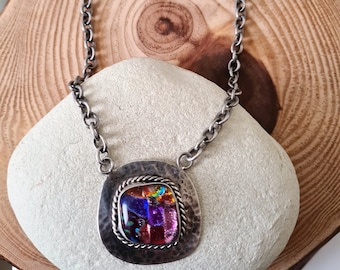 ON SALE Mexico Outstanding Artisan Dichroic Glass, Multi Colored Boho & Sterling Silver Large 925 Necklace.Dichroic Glass Mexico 925