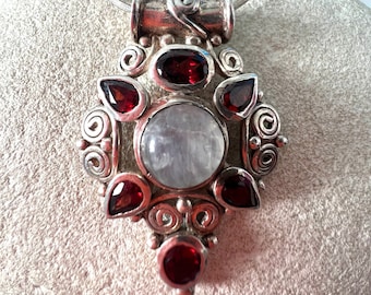 Moonstone & Garnet Sterling Silver 925  Style Amulet Pendant. Sterling 925  Moonstone and Red Garnet Pendant Necklace Sterling Silver