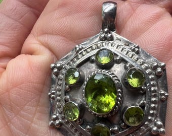 Antique Sterling Silver Peridot Amulet Pendant, Multi-Stone Faceted Gemstone (2" x 1.5")