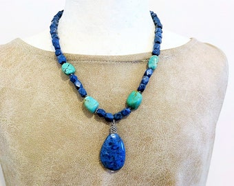 Lapis Lazuli and Turquoise Sterling Silver 925 Drop Necklace. Vintage Lapis & Turquoise Drop Beaded Necklace. Israel Stone Necklace 925