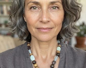 Mystical Artisan Bohemian Jade Amulet Necklace Mixed Stone & Wood Statement Piece / Celadon Brown Nephrite Jade "Bi" Coin Amulet Pendant