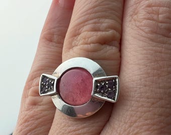 Bubblegum Pink Rose Quartz  & Amethyst Sterling Silver Israel Ring/ Rose Quartz Purple Amethyst Israeli Artisan Sterling 925 Ring Silver