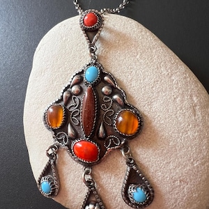 SOLD Mid Century Israel Sterling Silver 925 Antique Coral Turquoise Sandstone Israel Pendant .Israel Antique Sterling Turquoise Coral 925