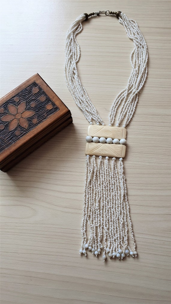 Carved White Bone Vintage Tassel Necklace. Jerusa… - image 1