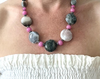 Gray Agate and Pink Jade Necklace | Boho Statement Jewelry | Glamrox Artisan Gemstone Necklace | Bold Spiritual Jewelry Agate Necklace OOAK