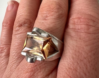 Vintage Bezalel Sterling Silver Citrine Ring, Modernist Israeli Design, Size 8.5