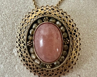 Antique Gold Over Sterling Yemen Filigree Israel Pendant Pink Agate Cabochon Gemstone. Vermeil Gold 950 Sterling Pendant Israel Antique