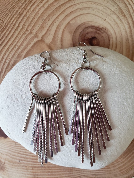 Fringe Silver Tone Dangling Long Silver Boho Earri