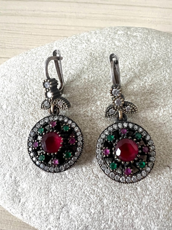 Ruby Emerald  Topaz Dangle Earrings | Sterling Si… - image 5