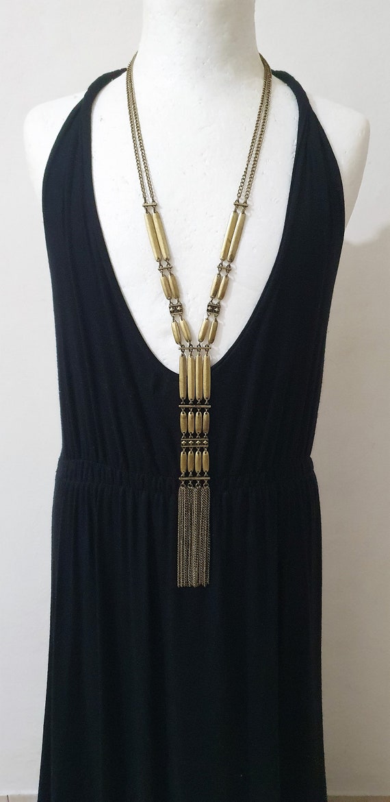 Cleopatra Style Long Brass Tone Tassel Necklace. G