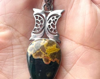 Ocean Jasper Butterfly Pendant, Scrolled Sterling Silver, Artisan Design