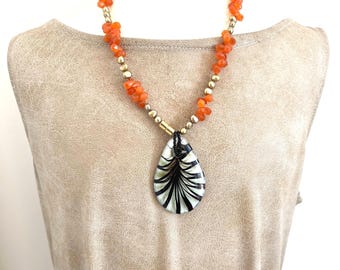 Murano Carnelian Pearl Necklace, Venetian Gemstone Pendant