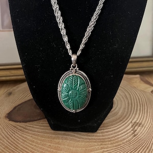 Antique Green Onyx Carved Floral Sterling Silver Pendant. Antique Green Onyx  Sterling Silver 925 Pendant Brooch. Floral Nouveau Sterling