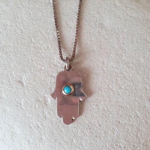 14k Gold Sterling 925 Turquoise Design Hamsa. Protective Amulet Talisman 925 14k Gold. shops Israel Hamsa Sterling 925 14k. Persian Turquoise 925