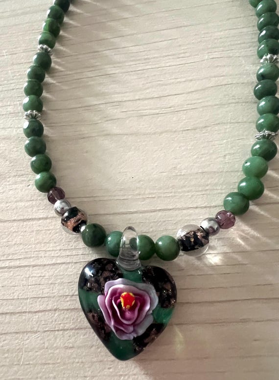 Heart Rose Murano Glass Silver Beaded Heart Nephrite Jade Necklace / Jade  Heart Murano Italy Necklace. Murano Glass Heart Necklace / Murano