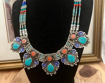 SALE Ethnic Silver Lapis Turquoise & Coral Bibi Necklace.Turquoise Coral Lapis Sterling 925 Necklace Statement.Bib Tibetan necklace scroll