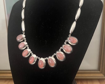 Mexico Antique Sterling 925 Rose Quartz Bib Necklace. Vintage Bib Rose Quartz Drop Necklace. Mexican Rose Quartz Necklace 925 Stamped Gorgeo
