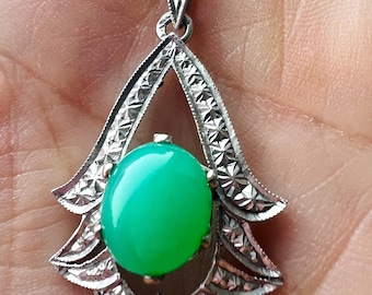 Art Deco Chrysoprase Pendant 14k | 14K White Gold Vintage Jewelry | Antique Green Chrysoprase Pendant| Glamrox Heirloom Collection 14k Gold