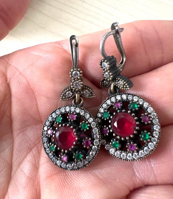Ruby Emerald  Topaz Dangle Earrings | Sterling Si… - image 4